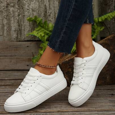 Zapatillas de mujer para primavera/otoño, de estilo casual y ligeras, antideslizantes, con puntera redonda, tacón bajo, cordones, suela suave, de unicolor, estilo campus y exterior