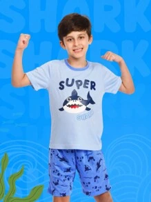 Pijama Masculino Infantil Shark Conjunto Short e Camiseta Tubarão Personagens