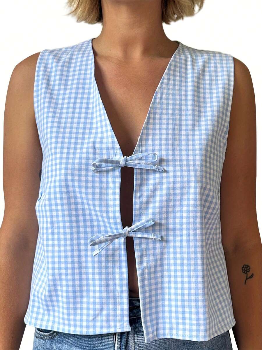 Women Tank Tops Stripe/Plaid/Dot Print Tie-Up Front V-Neck Casual Vests Summer Sleeveless Tops Streetwear - Sky Blue - View 1