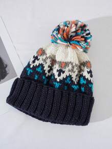 1pc Women Bohemian Rainbow Contrast Color Knit Hat, Autumn/Winter Fashion Versatile Double Layer Warm Knitted Hat With Large Pom Pom, Outdoor Ski Cycling Sport Earwarmer Cap - Multicolor - View 16