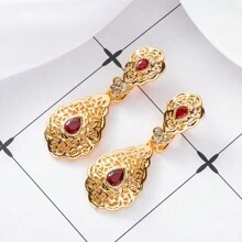 Classic Moroccan Style Golden Drop Hollow Floral Carved Arabic Wedding Jewelry Earrings, For Party Everyday Wear