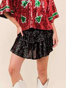 Minifalda de verano para mujer, informal, con lentejuelas brillantes, elástica, estilo A, para playa, vacaciones, club, ropa de calle - Negro - Ver 3