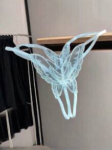 大尺碼性感刺繡開襠丁字褲女款，刺繡網紗T背內褲配珠飾點綴，透視透明設計，無縫隱形貼身，奢華亮面風格，適合日常穿著與特殊場合 - 白色 - 查看 5