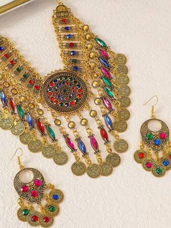 Juego de joyería de collar y aretes de estilo vintage de palacio con colores mixtos, adecuado para banquetes, fiestas, viajes, accesorios de ropa, regalo