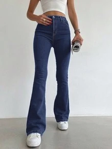 女士时尚休闲喇叭裤修身优雅街头风格学院风柔和口袋年轻运动牛仔长裤 - 深色水洗藍 - 查看 1