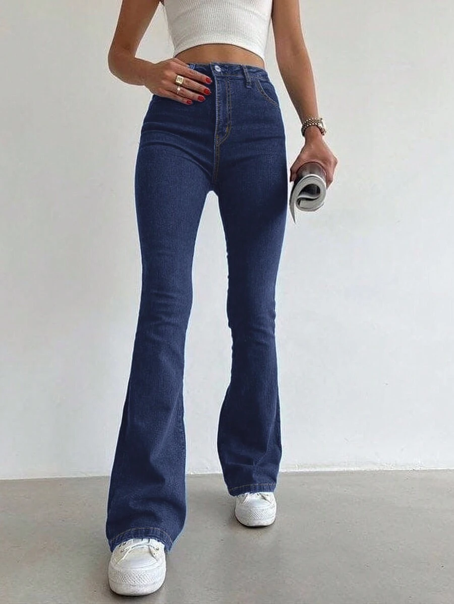 女士时尚休闲喇叭裤修身优雅街头风格学院风柔和口袋年轻运动牛仔长裤 - 深色水洗藍 - 查看 1