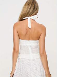 Women's Summer Halter Tank Tops Solid Color Eyelet Embroidery Vest Slim Fit Backless Crop Tops - White - View 4