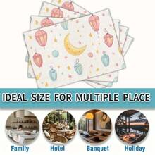 1/4 件斋月吉祥可爱卡通桌旗和餐垫套装、开斋节节日桌饰纺织旗帜、斋月装饰品、礼物、桌旗和餐垫套装适合室内外庆祝活动、季节性派对配件、厨房和餐桌装饰、派对餐桌装饰、居家房间装饰桌旗、餐厅装饰桌布