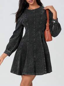 Women Autumn Short Denim Dress Long Sleeve O Neck Solid Color Smocked Waist A-Line Dress - màu đen - Xem 5
