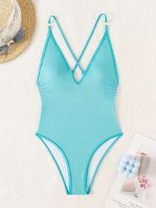 女士纯色无袖修身休闲时尚性感连体泳衣，夏季海滩度假