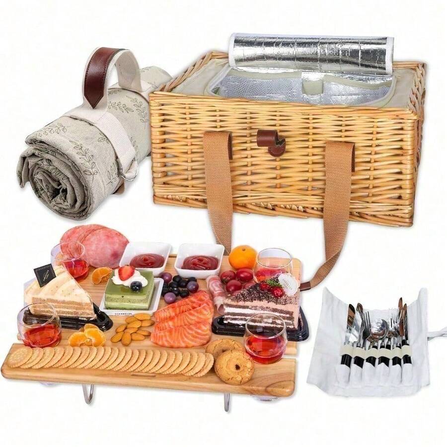 Hap Tim Wicker Picnic Basket For 4 With Mini Folding Wine Picnic Table & Large Insulated Cooler Bag & Cutlery Service Kits For 4 Person, Couples Gifts, Wedding Gifts (Y2307-4-CM) - 4 Person - View 1