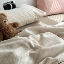 3件套细条纹米色羽绒被套日式简约双人羽绒被套适用于家庭卧室双人床，吸湿透气，柔软舒适，适用于公寓单人床，适合全年使用，包括1个羽绒被套+2个枕套（不含芯） - 米密條 - 查看 6