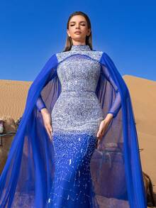 Faeriesty Haute Glamour Luxury Gorgeous Mock Neck Mermaid Hem Beaded Formal Cape Dresses & Evening Gowns - Royal Blue - View 6