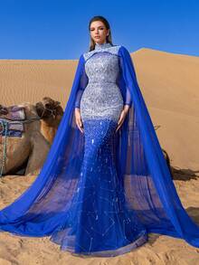 Faeriesty Haute Glamour Luxury Gorgeous Mock Neck Mermaid Hem Beaded Formal Cape Dresses & Evening Gowns - Royal Blue - View 5
