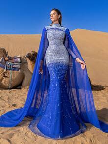Faeriesty Haute Glamour Luxury Gorgeous Mock Neck Mermaid Hem Beaded Formal Cape Dresses & Evening Gowns - Royal Blue - View 8