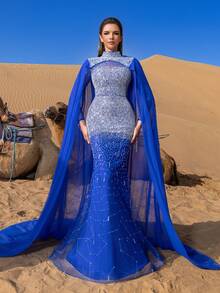 Faeriesty Haute Glamour Luxury Gorgeous Mock Neck Mermaid Hem Beaded Formal Cape Dresses & Evening Gowns - Royal Blue - View 7