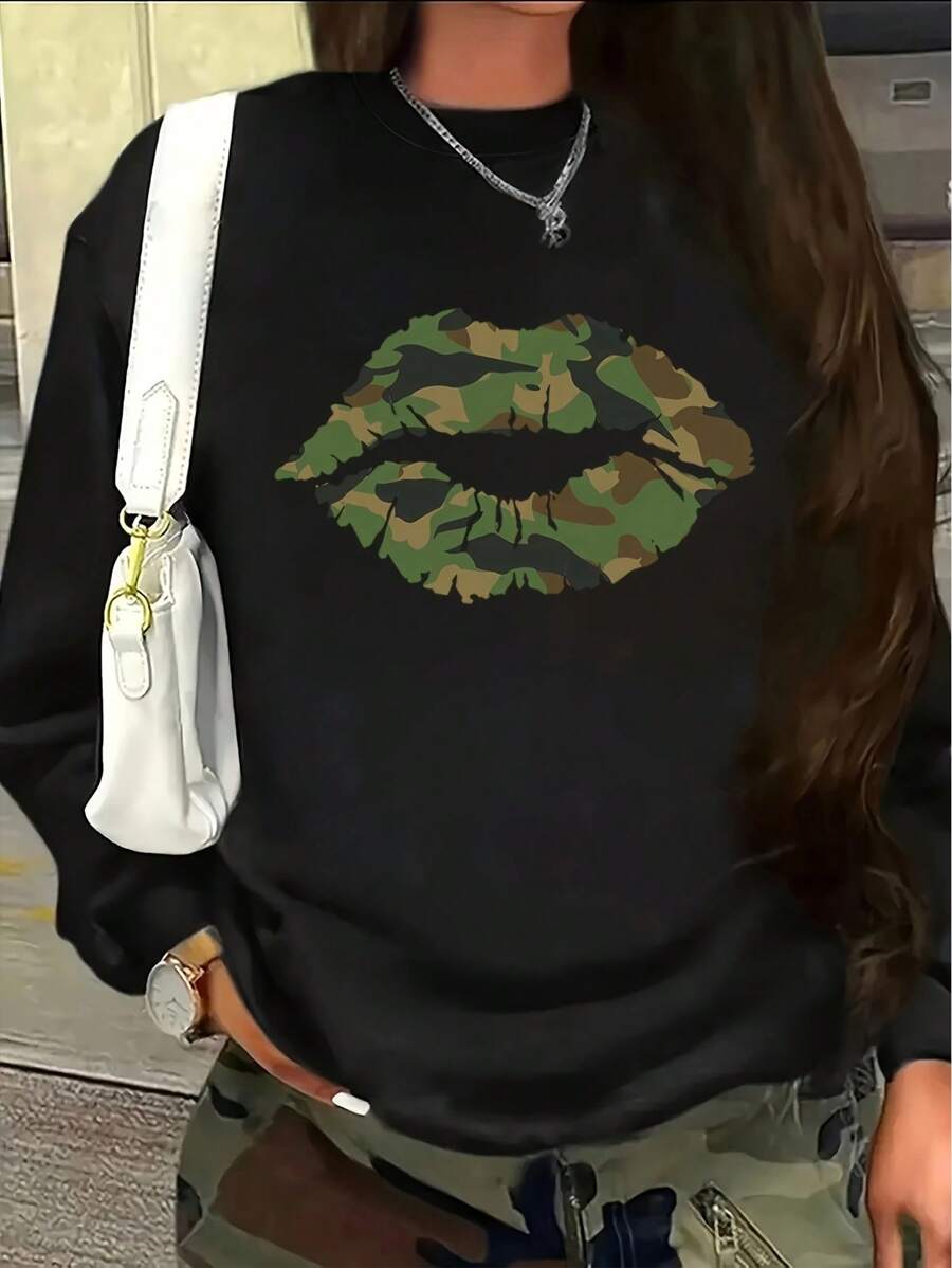 迷彩唇形图案休闲圆领长袖高品质女式羊毛连帽衫