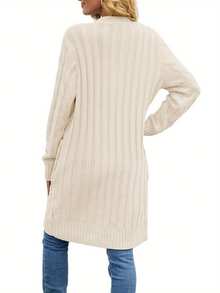 Female Cardigan, Solid Color Long Sleeve Sweater Knitted Coat With Pockets For Spring Fall, S/M/L - Beige - View 4