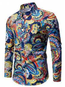 Men's Fashion Casual Personalized Long Sleeve African Style Printed Shirt, Versatile & Stylish
