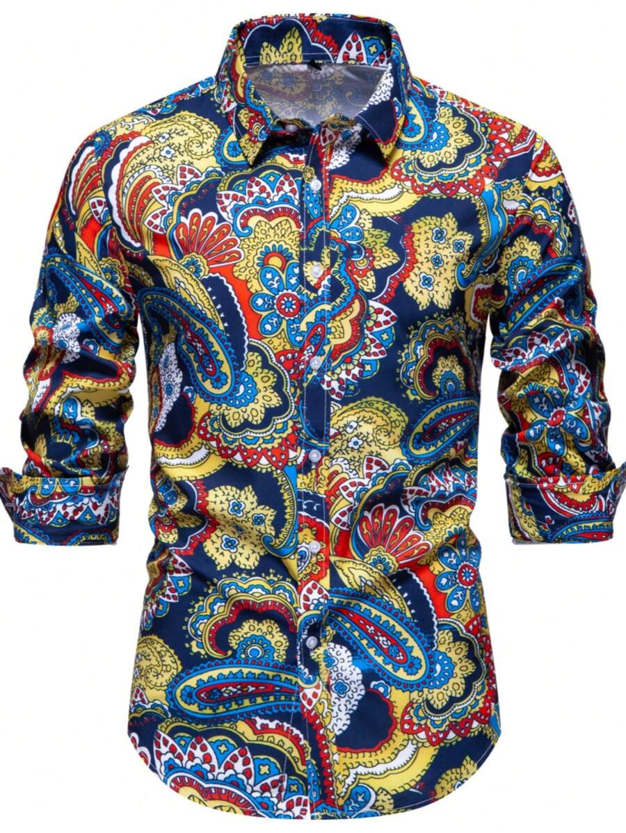 Men's Fashion Casual Personalized Long Sleeve African Style Printed Shirt, Versatile & Stylish