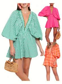 Women Deep V-Neck Rompers Solid Color/Plaid Bubble Sleeve Summer Short Jumpsuits Playsuits Streetwear - Hot Pink - View 3