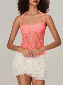 Y2k Lace Tank Tops For Women Tie-Up Halter Tops Sleeveless Vests Tops Summer Casual Slim Fit T-Shirts Lace Floral Cropped Tank Tops Going Out Tops For Club Streetwear Fairy Aesthetic  Clothes - 淺粉色 - 查看 2