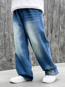 Vintage Washed Loose Fit Straight Leg Jeans For Teenage Boys & Big Teen Boy, Casual And Fashionable - 淺色水洗藍 - 查看 4