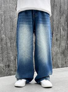 Vintage Washed Loose Fit Straight Leg Jeans For Teenage Boys & Big Teen Boy, Casual And Fashionable - 淺色水洗藍 - 查看 3