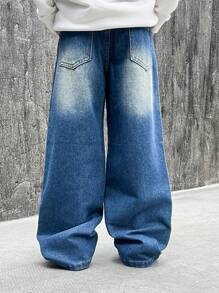 Vintage Washed Loose Fit Straight Leg Jeans For Teenage Boys & Big Teen Boy, Casual And Fashionable - 淺色水洗藍 - 查看 6