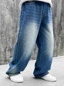 Vintage Washed Loose Fit Straight Leg Jeans For Teenage Boys & Big Teen Boy, Casual And Fashionable - 淺色水洗藍 - 查看 5
