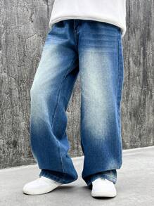 Vintage Washed Loose Fit Straight Leg Jeans For Teenage Boys & Big Teen Boy, Casual And Fashionable - 淺色水洗藍 - 查看 1