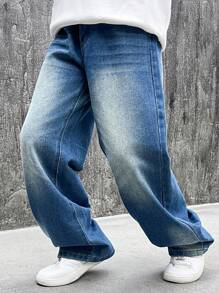 Vintage Washed Loose Fit Straight Leg Jeans For Teenage Boys & Big Teen Boy, Casual And Fashionable - 淺色水洗藍 - 查看 2