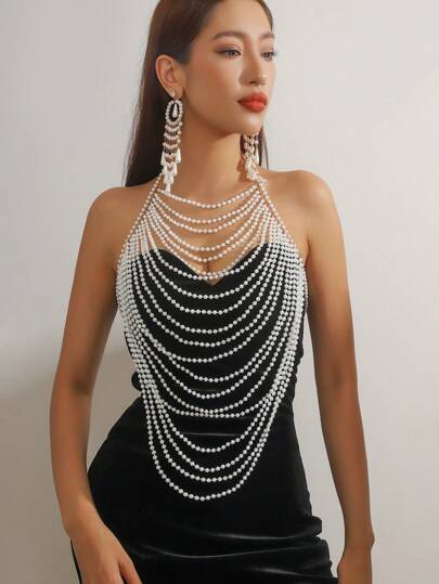 2pcs Elegant Multilayer (Faux) Pearl Handmade Braided Jewelry Set - Necklace And Earrings, Suitable For Daily Wear, Parties, Holidays, Perfect Gift For All Seasons