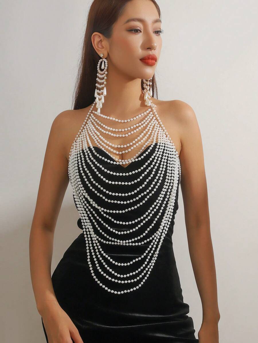 2pcs Elegant Multilayer (Faux) Pearl Handmade Braided Jewelry Set - Necklace And Earrings, Suitable For Daily Wear, Parties, Holidays, Perfect Gift For All Seasons - White - View 1