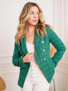Blazer ajusté en tweed uni pour femme – Classique, élégant, design de couleur unie avec boutons dorés, parfait pour le travail, les occasions formelles et les rendez-vous.