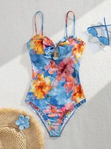 Cute Rococo Style Flower Print Ruffled Halter Strap Detachable One-Piece Swimsuit, Casual Summer Vacation Beach Wear - Multicolor - View 6