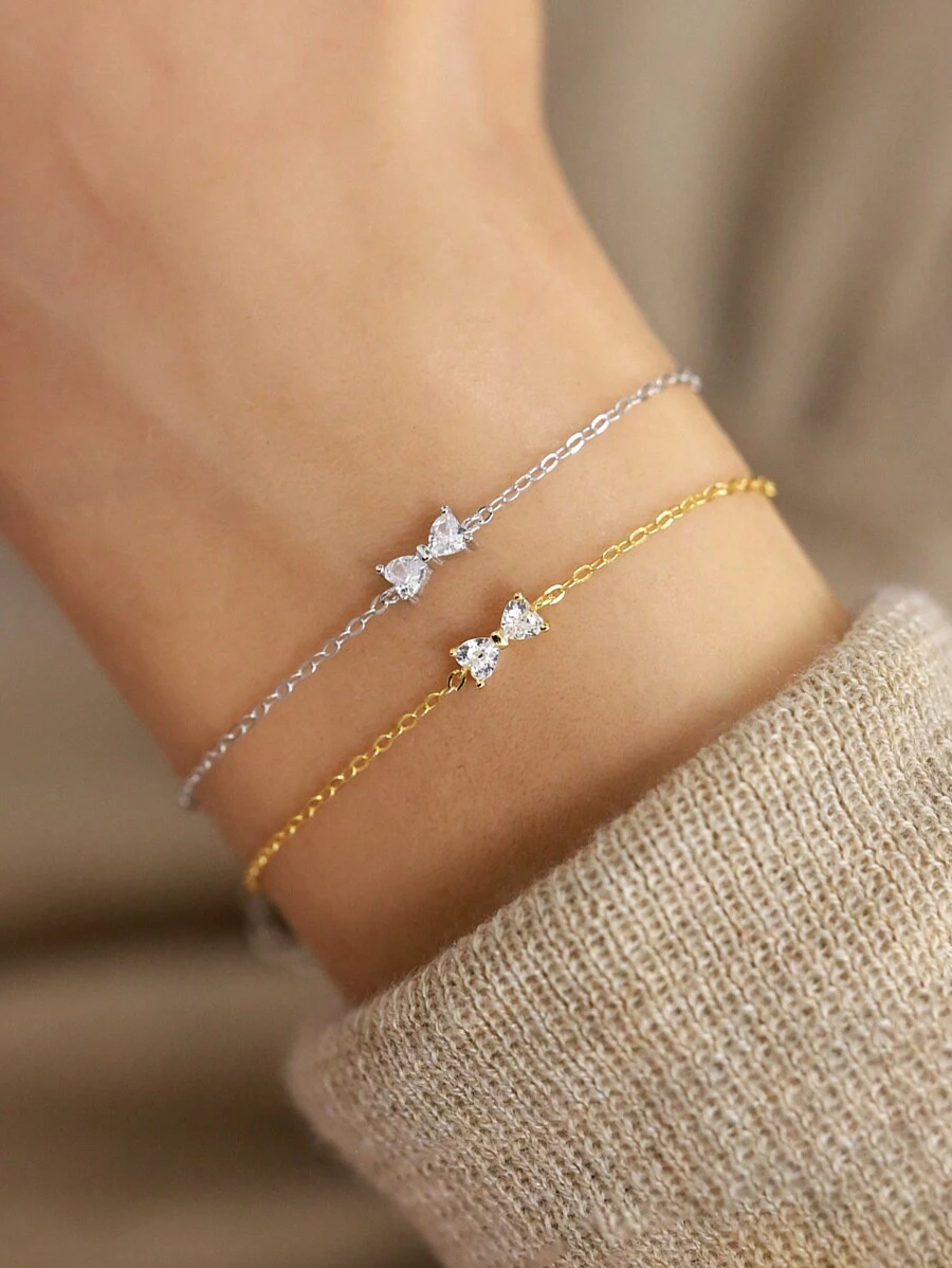 1pc S925 Sterling Silver Minimalist Zirconia Bow Bracelet, Sterling Silver Is Hypoallergenic, Suitable As A Valentine's Day Gift, Daily Wear For Women - Bow Bracelet - View 1