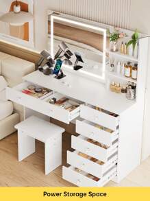 VOWNER Makeup Vanity Desk With Outlets, Large Mirror With Light Bulbs Color & Brightness Adjustable, 6 Drawers For Storage, Come With Stool, For Girls Women - White-lED Light Mirror & 7 Drawers - View 2