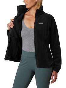 1 件女士休闲纯色保暖内衬厚户外运动立领夹克 - 黑色 - 查看 4