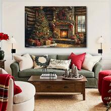 Merry Happy New Year Fireplace And Tree Wooden Frame Canvas Painting Mural Prints Home Decor Living Room And Bedroom Holiday Party Decoration Gifts Hang Anytime 1 Pc Wooden Framed Canvas Painting Thickness Cm/0.9inch High Quality Wall Art Prints Poster Direct Hanging Wall Picture Decor For Home Gifts, Gift, Living Room, Bath Room, Bedroom, Kitchen