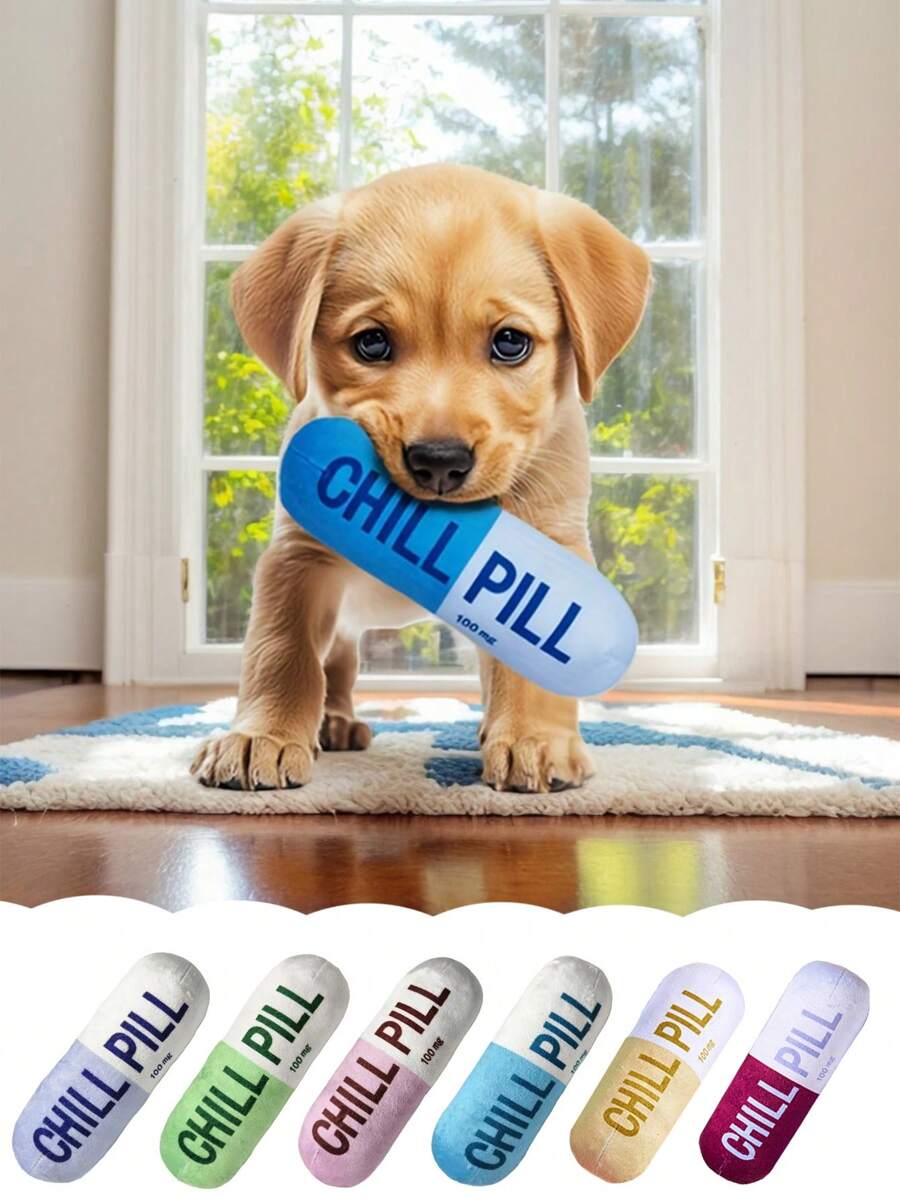 1 pieza Juguete para perro, Muñeco con forma de "Pastilla relajante" para mascota, Muñeco chillón para perro, Muñeco de peluche divertido para entrenamiento de cachorros, recoger y jugar, apropiado para perros pequeños y medianos, Cosas para cachorros, Cachorro feliz
