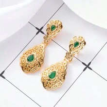 Classic Moroccan Style Golden Drop Hollow Floral Carved Arabic Wedding Jewelry Earrings, For Party Everyday Wear