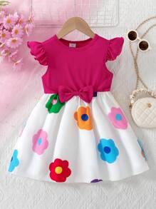 Rochie de fete tinere, stil casual, dulce, culoare solidă, cu nervuri, guler rotund, mâneci bufante, cu funde, imprimeu floral curcubeu, tiv, rochie de primăvară/vară pentru fete, rochie de vacanță în aer liber - Multicolor - Vizualizare 2