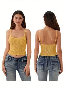 Women Summer Crop Camisole Casual Solid Color Backless Spaghetti Strap Tank Tops Sleeveless T-Shirt For Club Streetwear - 黃色 - 查看 2