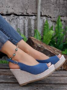 Blue One-Buckle Strap Women's Linen Rope Bottom Platform Thick Heel Peep Toe Sandals, Versatile - Blue - View 4