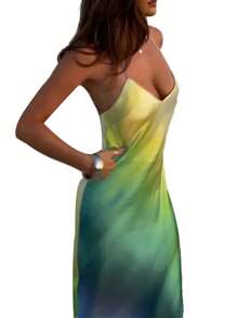 Women's Summer Cami Long Dress Gradient Color Spaghetti Strap V-Neck Backless Beach Party Dress - Blue - View 2