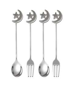 4 件套不锈钢甜点水果叉勺套装，适合家庭晚餐、甜品店、派对和礼物