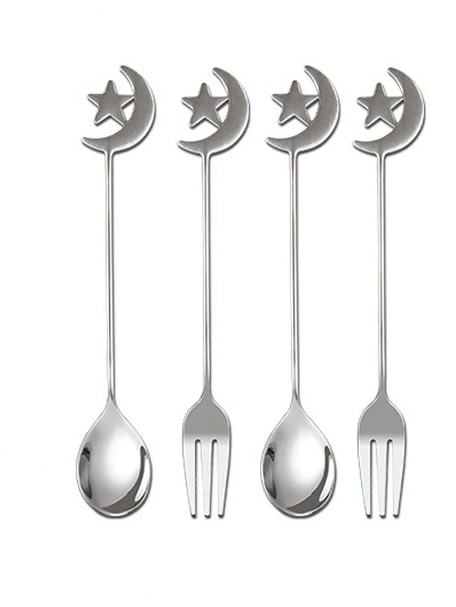 4 件套不锈钢甜点水果叉勺套装，适合家庭晚餐、甜品店、派对和礼物