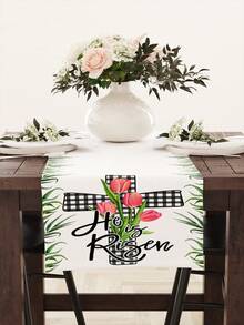 1pc Easter Linen Table Runner, Cross & Tulip Gift Design Table Cloth, Suitable For Home, Restaurant, Dining Table Decor, Indoor & Outdoor Party, Room Decoration - Multicolor - View 7