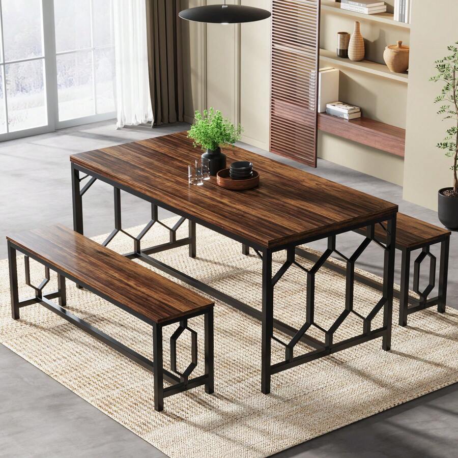 Tribesigns 55-Inch Large Dining Table Set For 4 To 6, Kitchen Breakfast Table With 2 Benches, Rectangular 3-Piece Wood Industrial Bar Table Furniture For Dining Room, Home Decor Furniture - Nâu và đen mộc mạc - Xem 1